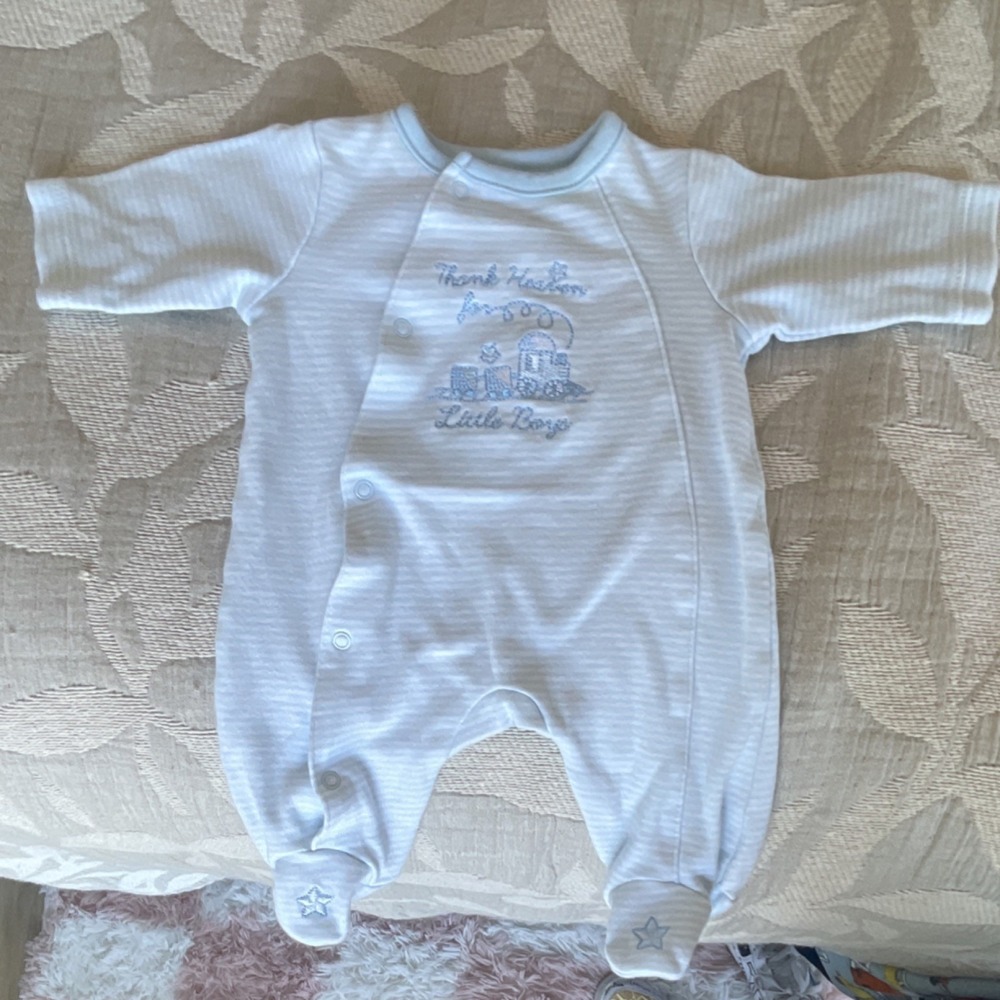 Little Me Preemie Blue/White Striped Footed Cotton Ribbed Train One-Piece